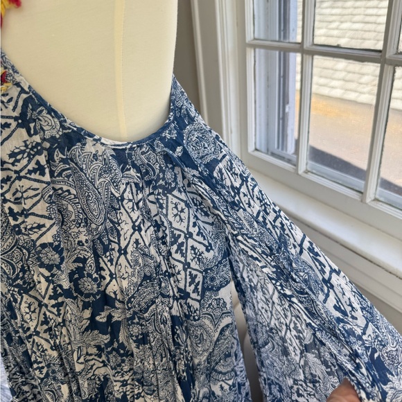 Free People Bohemian Blue Block Print Floral Tie-Shoulder Maxi Sun Dress S - Picture 8 of 12